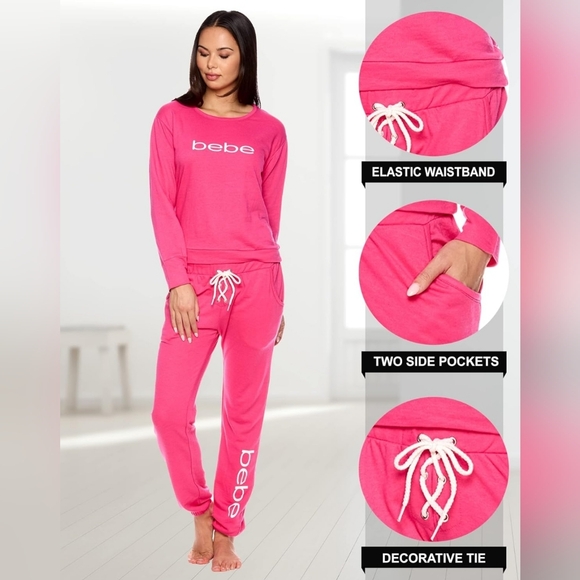 Bebe Women's NWT Fuchsia Pink 2pc Lightweight Pajama Top & Pants Set Size Medium - Picture 10 of 14